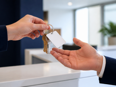 Office keys and access badge handed over during a commercial cleaning vendor transition